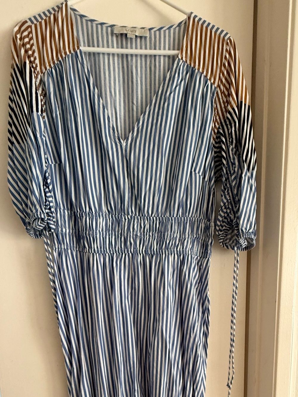 LOFT Blue and White Striped Midi Dress with Brown Accent